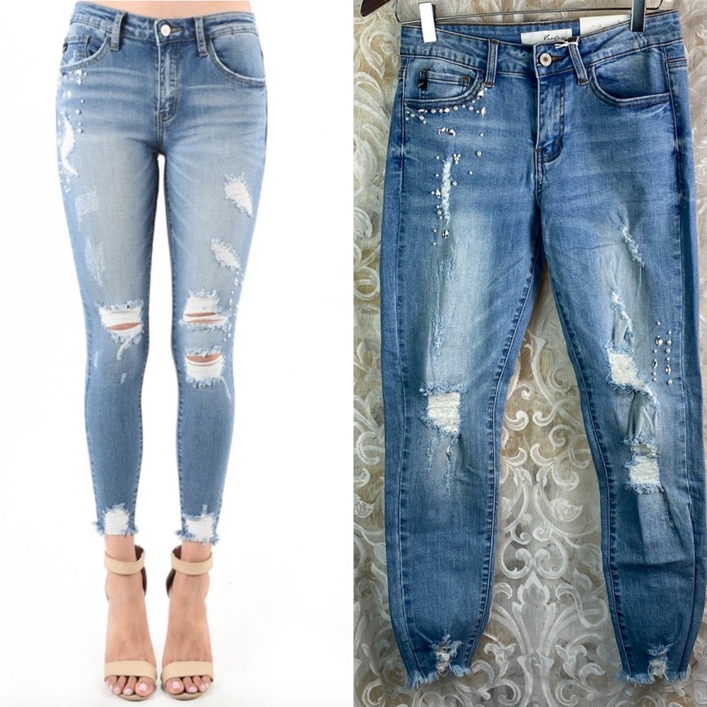 KanCan distressed skinny jeans embellished rhinestone and pearls KC5104M 27 NWT